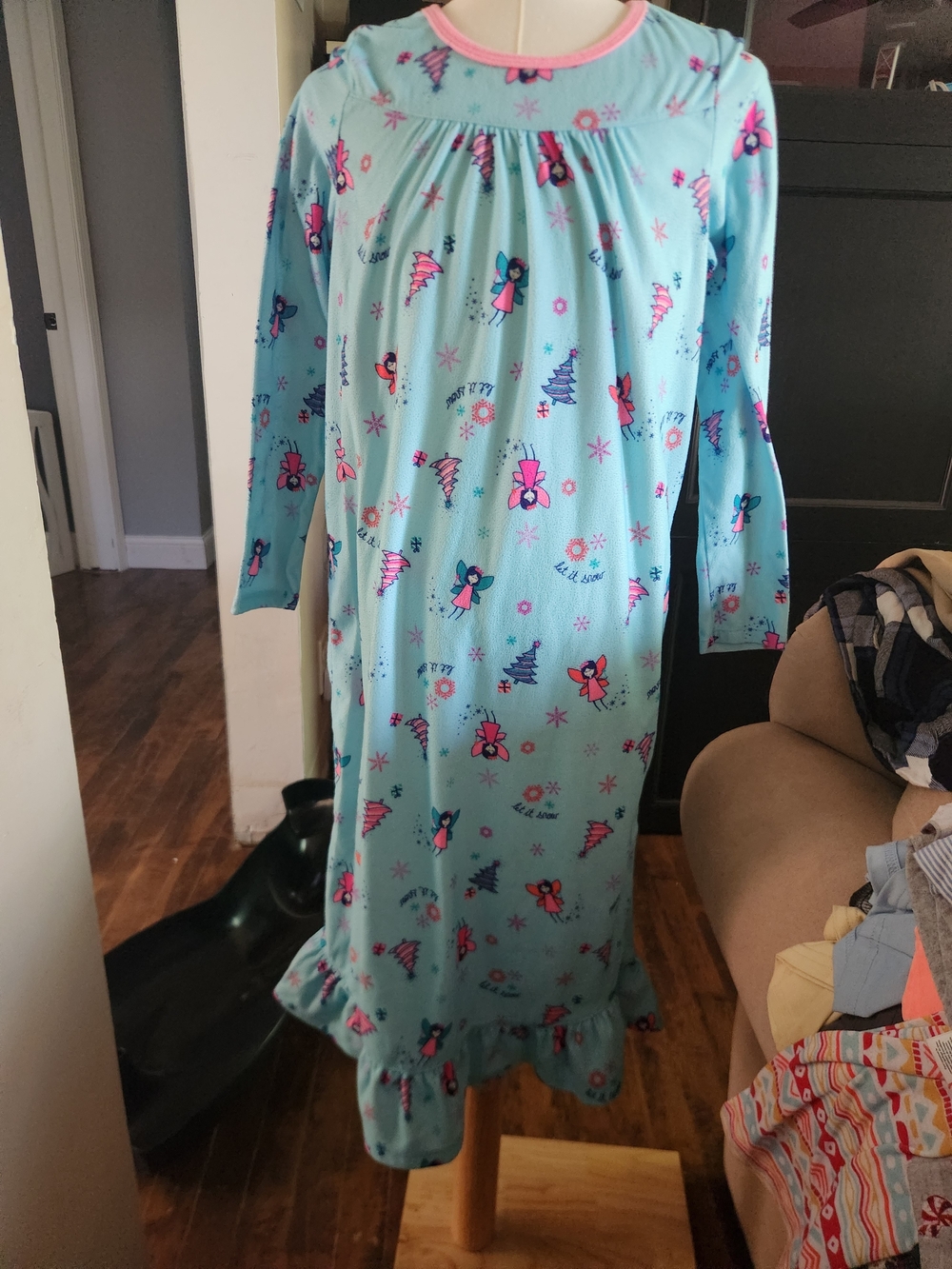 SO Light Blue Long Sleeve Holiday Print Nightgown with Pink Trim